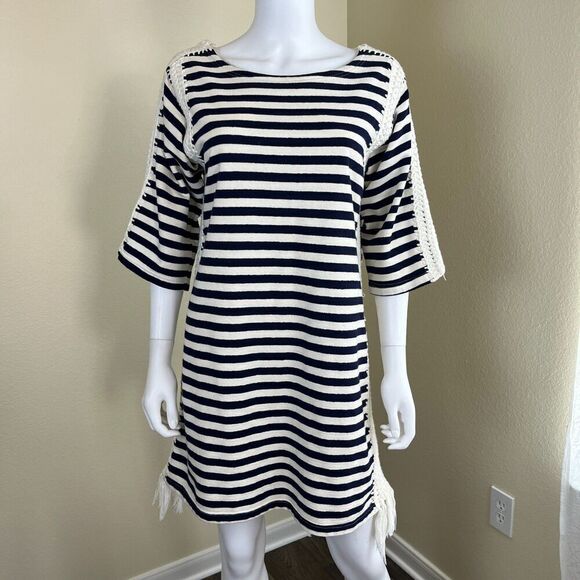 Pepin Women's Size M Breton Striped Crochet Shift Mini Dress Nautical Cotton - Picture 14 of 16